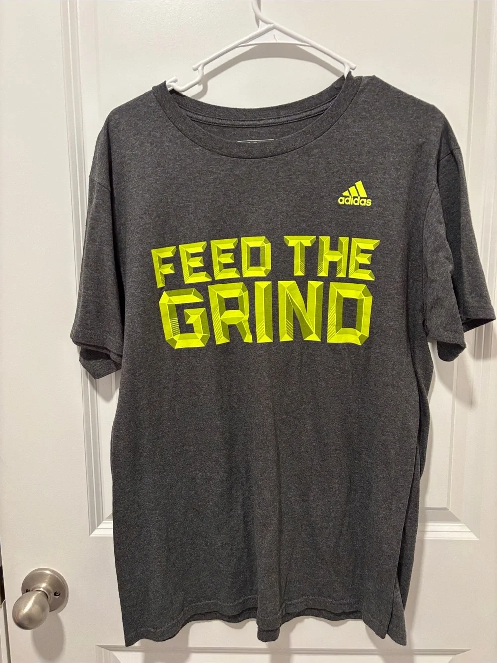 adidas Charcoal T-Shirt with Neon Yellow 'Feed The Grind' Graphic